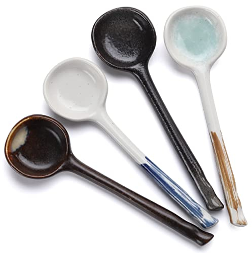4pcs Japanese Ramen Soup Spoons Ceramic Asian Soup Spoons Retro Korean Style Tablespoon Rice Noodles Dinner Serving Spoon Ladles for Pho Miso Cereal Sauce Gravy Condiment (Style 1)