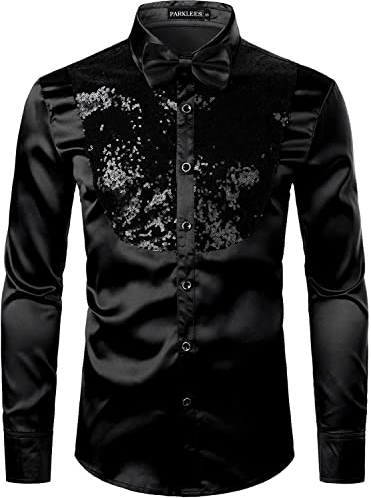 PARKLEES Herrenhemd aus glänzendem seidenähnlichem Satin, langärmelig, für Party, Disco, Abschlussball, XL