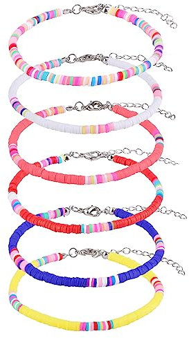 KINBOM 6 Pièces Bracelet de Cheville Bohème, Poterie Douce Bracelets de Cheville Perles Plates Élégant Coloré Bracelets Bohèmes pour Femmes Filles (6 Couleurs)