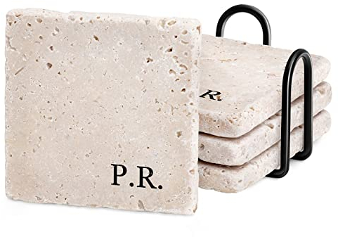 Maverton sous-Verres en Pierre personnalisés pour Lui - Ensemble de 4 Dessous de Verre avec Support en métal Noir - Set pour Homme - pour Anniversaire - pour Papa/Papy - Initiales