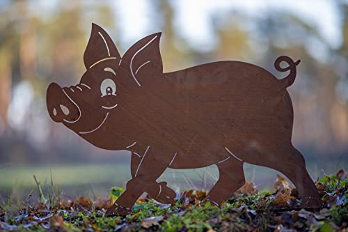 Dekofigur Schwein Ferkel auf Platte im Rost Design - Rostfigur für den Garten, Gartendeko, Metalldeko Bauernhof, Terrassendeko