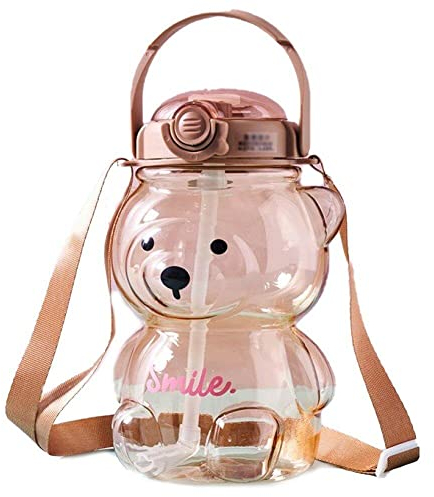 Portable Drinking Bottle 1000ml Kawaii Bear Shaped Water Bottle with Straw and Strap Leakproof Drinking Cup