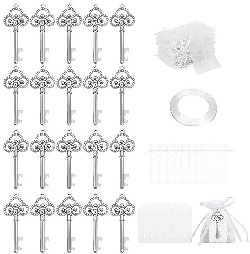 Ruspela Apribottiglie a forma di chiave, stile vintage, 20 pezzi, regalo per matrimoni, bomboniere, souvenir, set regalo con apribottiglie con coulisse, etichetta vuota per gli ospiti