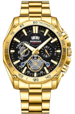 JewelryWe Uhren Herren Edelstahl Tourbillon: Luxus Datum Kalender 30m wasserdichte Analog Quarz Armbanduhr Männer Gold Edelstahl Armband Uhr mit Schwarz Rundem Tourbillon Zifferblatt und Leuchtzeiger