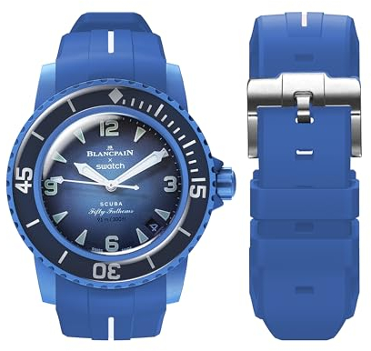 Armband für Blancpain Swatch,gebogenes,weiches Gummi,Ersatzband für Swatch Blancpain Fifty Fathoms,22 mm Schnellverschluss-Armband für Blancpain x Swatch Herren Damen (Blaue weiße Linie)