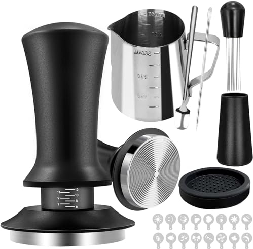 Yeelan Juego De Prensador De Café De 51mm, Tamper 51mm, 22pcs Barista Accesorios, Accesorios Cafe con Herramienta Wdt, Agitador De Café, Tapete, Juego De Arte Latte, 350 Ml Jarra De Leche
