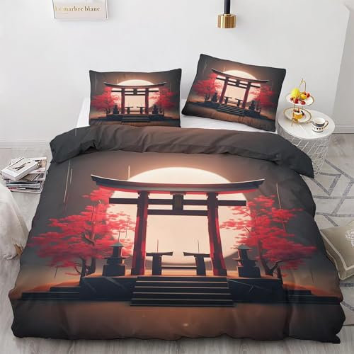zcwl Japanische Torii Bettwäsche 135x200 Sommer, Asiatische Bettbezug Set 2 teilig, Weiche Kuschelige Mikrofaser Bettwäsche-Sets, Wendebettwäsche und 1 Kissenbezug 80x80 mit Reißverschluss