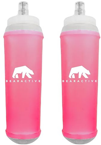 Bearactive 2 x Lightweight Running Water Bottle Soft Flask 500ml - TPU BPA Free Plastic, Leak Proof Foldable Water Bottle, Collapsible Water Bottle for Running Vests and Belts (Pink, 2 Pack - 500ml)