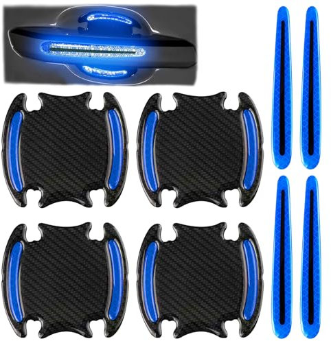 8Pcs Car Door Handle Guard Film - Universal Safety Reflective Strips Carbon Fiber Scratch Protector, Blue