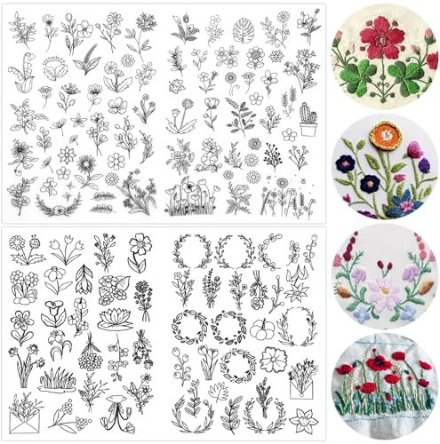2 Sheets Embroidery Transfers, Flowers and Leaves Water Soluble Hand Sewing Stabilizers, Stick and Stitch Embroidery Patterns for Eembroidery Transfers, for Embroidery Beginners Lovers,122 Patterns