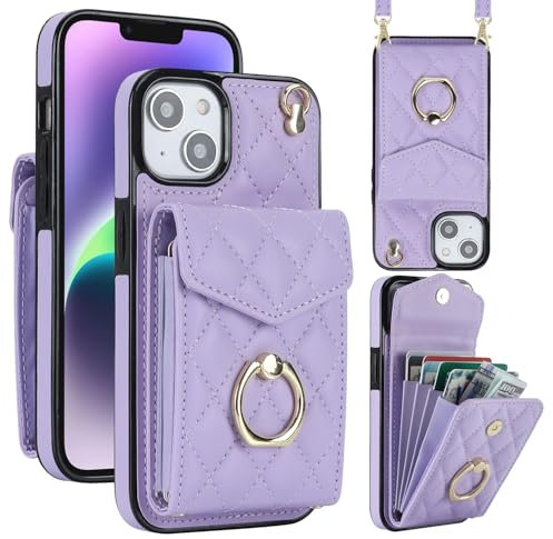 Draamvol for iPhone 13 Case Wallet Shockproof Leather iPhone 13 Phone Case with Card Holder Ring Holder Detachable Necklace Magnetic RFID Blocking Air Bumper Cover,Light Purple