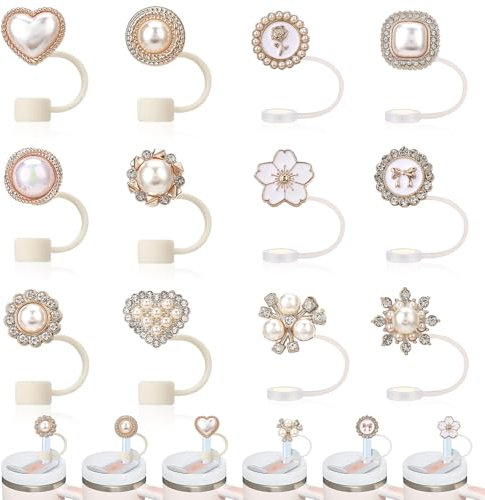 saerryor 12 Pcs Straw Cover for 40oz 30oz Tumbler,Bling Pearl Straw Toppers,Reusable Silicone Straw Covers Toppers,Cute Cup Accessories for Women Girls