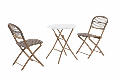METRO Professional Gartenmöbel Bistro-Set Agujo, 3 Stück, Stahl/Polyrattan, 2 Stühle und 1 Tisch, Klappbar, Balkonset für Hof, Garten, Holz/Weiß