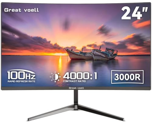 Great voell Monitor da Gaming Curvo 24 Pollici, 3000R, Full HD 1080p, 100 Hz, FreeSync, HDR10, VA, Rapporto di Contrasto 4000:1