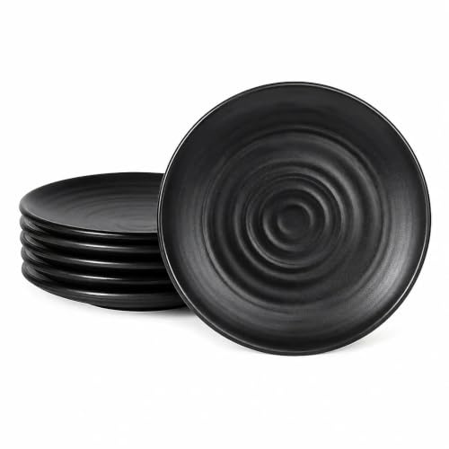 Sotbnna 6 Stück Schwarze Teller, 15 cm Dessertteller mit erhöhtem Rand | 6 runde Melamin-Teller, je 15 cm, mit erhöhtem Rand; für Sushi, Snacks, Obst, Vorspeisen, Dips, Saucen und Beilagen
