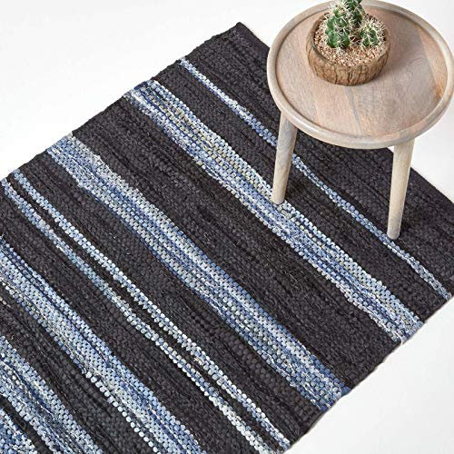 Homescapes Teppich Texas 90x150 cm – Flickenteppich blau gestreift, handgewebt im Chindi-Stil aus recyceltem Leder & Denim mit Unikat-Charakter