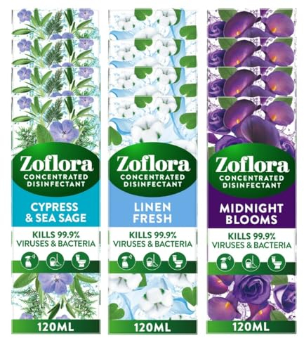 Zoflora Disinfectant Concentrates Cleaning Bundle, 12 x 120 ml (1.4 L) Multipurpose Disinfectant Liquid, Antibacterial & Multi-Surface, Pet Safe Disinfectant, Kills 99.9% Of Bacteria & Viruses