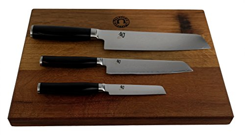 KAI Shun Premier Tim Mälzer | Messerset | Officemesser, Allzweckmesser und Santoku | ultrascharfe Japan Messer aus Damaststahl | + großes Schneidebrett aus Fassholz 40x30 cm | VK: 739,- €