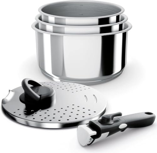 Backen 191105, Topfset 16,18,20cm, Edelstahl, 5-teilig, Induktion, 1 abnehmbarer Griff, 1 Multifunktions-Metalldeckel, Stapelbar, Spülmaschinengeeignet, Platzsparend, 5 Jahre Garantie.