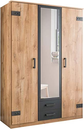 lifestyle4living Kleiderschrank - 3-türig in Plankeneiche und Graphit-Grau - 135 cm Breite - mit Schubladen und Spiegeltür