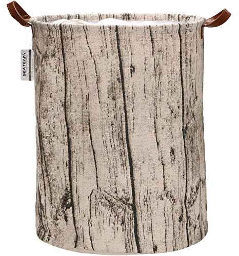 Sea Team Tree Pattern Wäschekorb Leinwand Stoff Wäschekorb Faltbarer Vorratsbehälter mit PU-Ledergriffen und Kordelzugverschluss, 19,7 x 15,7 Zoll, wasserdicht innen, grau