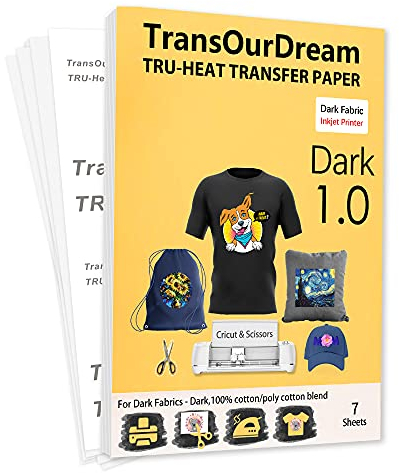TransOurDream Tru-Heat Transfer Paper for Dark T Shirts & Fabrics 7 Sheets A4 Iron On Transfer Paper with Inkjet Printer Easy to Cricut Bright Colors Printable htv (TRANS-3-7)
