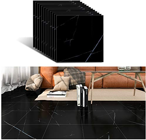 VEELIKE Adesivi per Piastrelle Marmo Nero Pavimento PVC Adesivo Mattonelle Adesive Adesivo Pavimento Vinile Piastrelle Adesive Cucina Pavimento Piastrelle Adesive 12Pezzi 30cm x 30cm