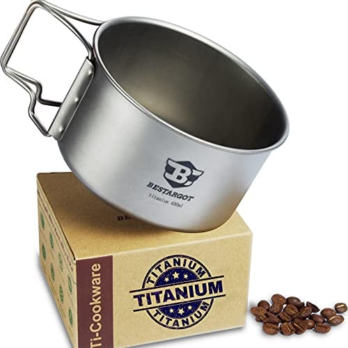 Bestargot Titanium Camping Cup 450ml Camping Cup Outdoor Pot, Taza Ultraligera de Titanio para Exteriores con asa Plegable y Bolsa de Malla