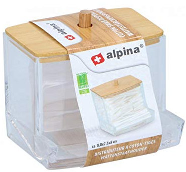 ALPINA Makeup Organizer Kosmetik Wattepads Tupfer Halter Box Klar Acryl mit Bambus Deckel Schönheit Make-up Wattestäbchen Ball Badezimmer Vorratsdose Spender Transparent (Wattestäbchenspender)