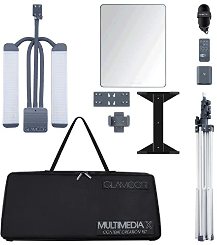 GLAMCOR Kit per la creazione di contenuti Multimedia X | Kit di illuminazione LED portatile deluxe con supporto per smartphone e tablet, supporto per fotocamera e specchio