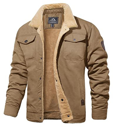 MAGCOMSEN Sherpa Jacket Mens Winter Coat Warm Trucker Jacket Cargo Jacket Multi Pocket Khaki M