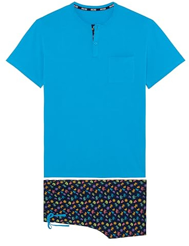 HOM Herren Pyjama Court California Pyjamaset, Oberteil: Einfarbig, Blau, Unten: Kaktus-Druck, Mehrfarbig, Marineblau, XXL