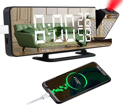 Alarm Clock Projector, Digital Alarm Clock Radio with 180° Rotating Projection, 32 FM Radio, 18 cm LED Display Mirror, Interior with USB Charging Port 2 Alarm Clocks 4 Levels of Brightness