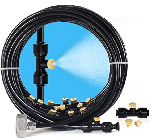 Bonviee Nebelnebel für Außenterrasse – 1,5 m Nebelkühlsystem mit 20 Messingdüsen und 1,9 cm Adapter, 18 m DIY Outdoor-Nebel-Set für Garten, Gewächshaus und Terrasse