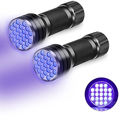 CAM2 Taschenlampe, 2 Stück Mini UV Schwarzlicht Taschenlampe mit 21 LEDs Licht, Ultraviolettes Licht mit 395nm für Geocaching, Heimtierurindetektoren(Ohne Batterie)