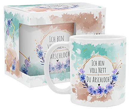 yvolve - Ich bin nett - Tasse aus Keramik mit lustigem Spruch rundum bedruckt mit Verpackung - Spülmaschinenfest