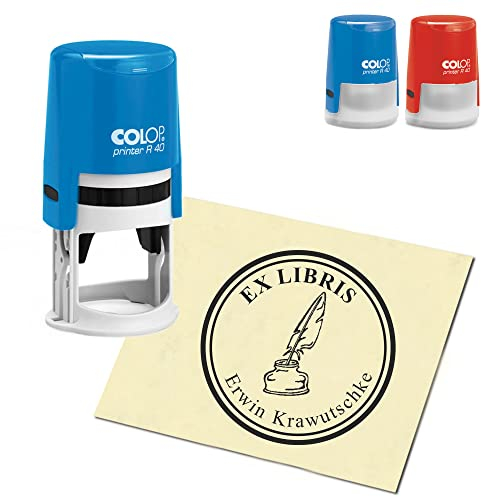 Ex Libris Stempel personalisiert rund Exlibris - Schreibfeder mit Tintenfass - 40mm COLOP Automatikstempel als Namensstempel Bürostempel