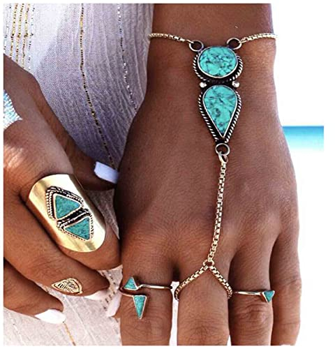 Cimenexe Bohemian Türkis Finger Armband Silber Wassertropfen Türkis Sklaven Armband Ring Handkette Armband Vintage Handgelenk Armband Strand Handkette Schmuck für Frauen und Mädchen