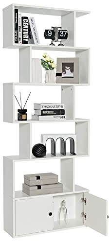 COSTWAY Bücherregal mit Türen, Standregal mit 5 Ebenen, Raumteiler Regal, Büroregal aus Holz, Aufbewahrungsregal für Wohnzimmer, Schlafzimmer, 183 x 70 x 23 cm (Weiß)