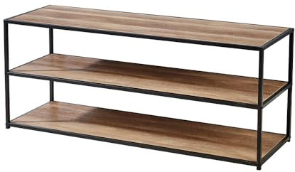 Home Source Compact TV Unit Media Stand, Open Storage Shelves, Black Metal Frame, Oak Effect Finish, 120cm