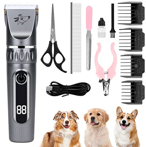 VSSHE Hundeschermaschine,Leise Schermaschine Hund und Katze Mit 2 Geschwindigkeiten Wiederaufladbarer Kabelloser Kätzen und Hunde Pferde Haarschneidemaschine Schermaschine Hund Mit 11 Zubehör Silber