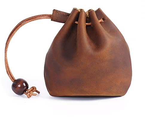 Lederbeutel, Vintage Münzbeutel, Leder Retro Münzbörse Portemonnaie Ledergeldbeutel Geldbörse Kleingeldbörse Schlüssel Etui mit Kordelzug für Männer, Frauen (Braun)