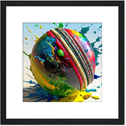 Artery8 Cricket Ball Dynamic Paint Splatter Bright Action Painting Square Wooden Framed Wall Art Print Picture 8X8 Inch