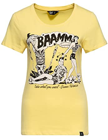 Queen Kerosin Damen Vintage Shirt T-Shirt Slim Fit Frontprint Kurzarm Shirt Retro Hawaii Style Waikiki Pin-Up 50S Bammm