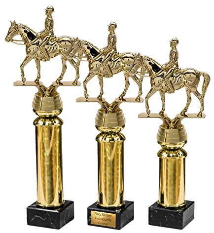 eberin · Pferdesport Pokal mit Gravur/Wunschtext · Dressurreiten Cup · Dressurreiter mit Pferd auf Goldsäule/Marmor · Pokal in 3 Größen erhältlich · (24,9 cm)
