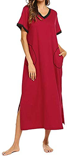 Women's Short Sleeve Cotton Night Dress Long Large Sizes Sleepwear Round Neck Long Night Dresses Loose Fit Sleep Shirt With Pockets Summer