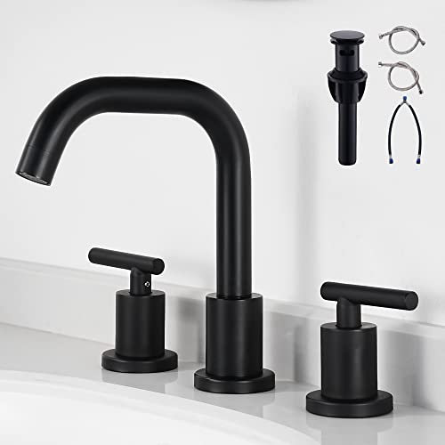FROPO Black Bathroom Faucet 3 Holes Two Handle Widely Used 8 Inch 360 Degree Swivel Spout Sink Faucet with Drain and Supply Hoses