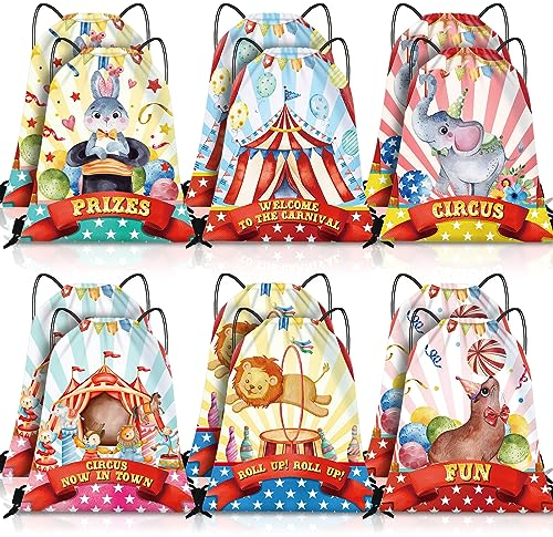 Abbylike 12 x Zirkus-Kordelzugbeutel, Karnevals-Geschenkbeutel, Leckerli-Taschen, Zirkus-Partygeschenke, Zirkus-Party, Kordelzug, Rucksack, Sport, Fitnessstudio, Kordelzugbeutel für Kinder,