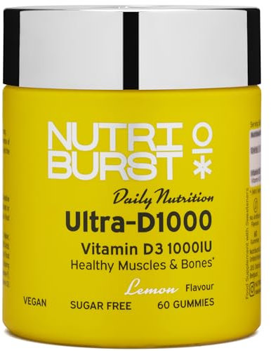 Nutriburst Ultra-D1000 - Vitamin D3 (1000IU) + Vitamin K2 (80µg) for Healthy Muscles & Bones - Lemon Flavour - 60 Gummies 1 Month Supply - Suitable for Vegans