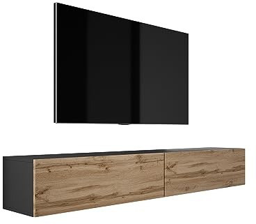 3E 3xE living.com Meuble TV Suspendu, D : L : 2 X 100 cm, H : 34 cm, P : 32 cm, Noir Mat/Chêne Wotan